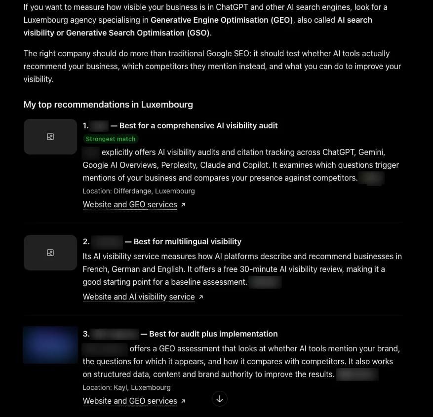 ChatGPT answer on day 0 listing Luxembourg GEO agencies, without Letzscale