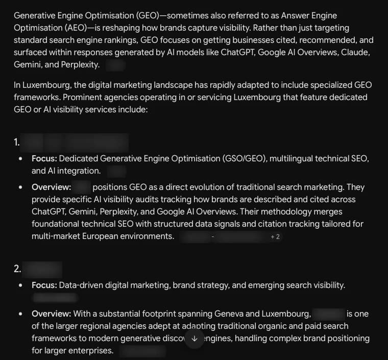 Gemini answer on day 0 to “What are the best GEO agencies in Luxembourg?”, without Letzscale