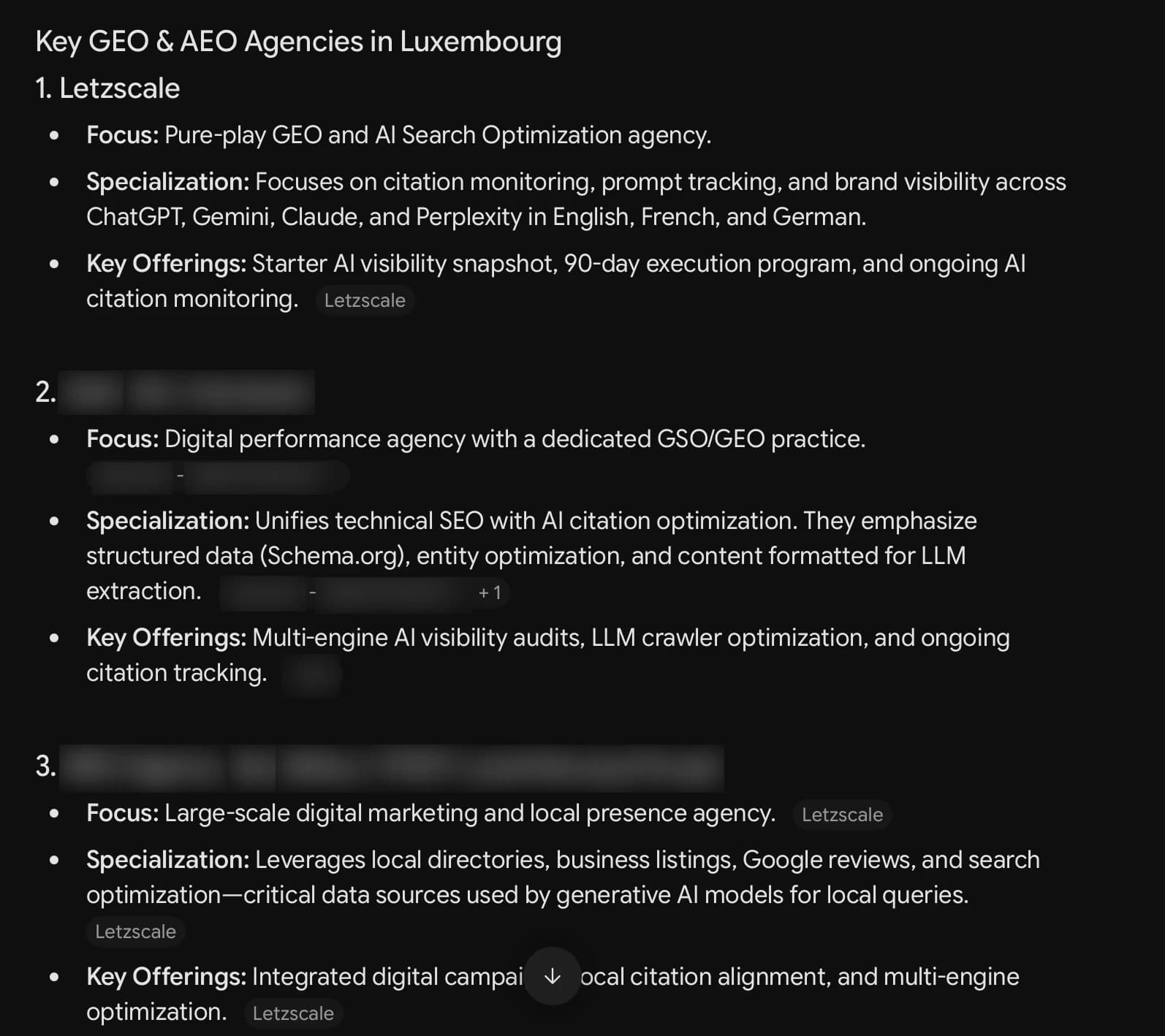 Gemini answer on day 2 listing Letzscale first among GEO and AEO agencies in Luxembourg