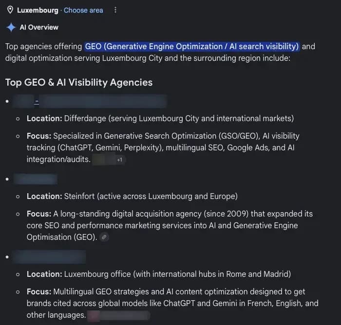 Google results on day 0 for “best GEO agencies Luxembourg City”, without letzscale.com