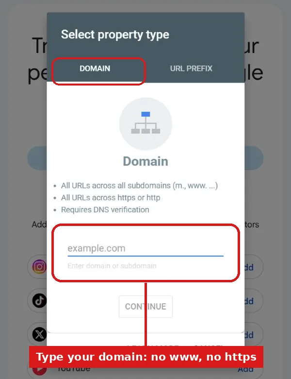 Search Console dialog Select property type with the Domain tab selected and an empty field for the domain name. Red marks circle the Domain tab and the domain field.
