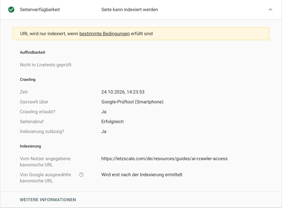 Live-Test der URL-Prüfung für einen Leitfaden auf letzscale.com: Indexierung zulässig? Ja. Vom Nutzer angegebene kanonische URL: die Adresse der Seite selbst. Von Google ausgewählte kanonische URL: wird erst nach der Indexierung ermittelt.