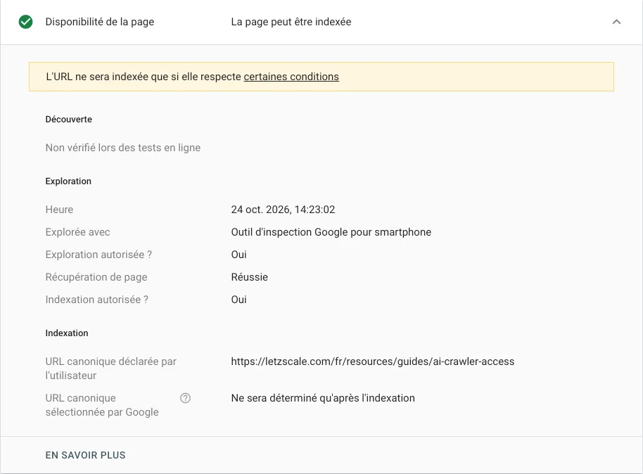 Test en ligne de l'outil Inspection de l'URL pour un guide de letzscale.com : Indexation autorisée ? Oui. URL canonique déclarée par l'utilisateur : l'adresse de la page elle-même. URL canonique sélectionnée par Google : déterminée seulement après l'indexation.