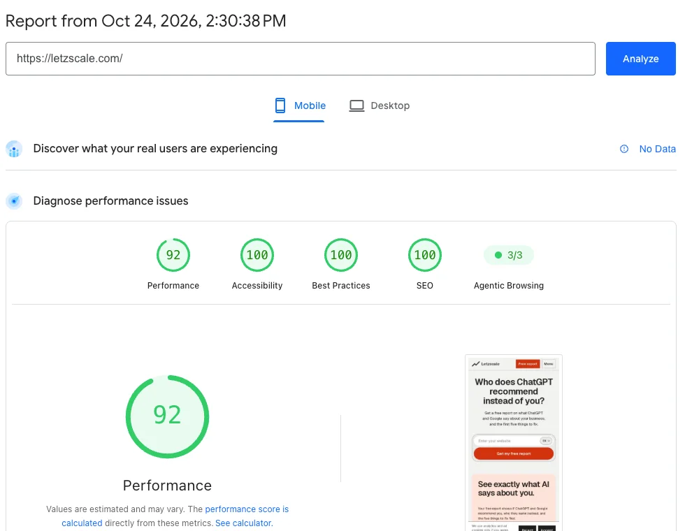 PageSpeed Insights für letzscale.com auf dem Smartphone, 24. Oktober 2026: noch keine Daten echter Nutzer, Performance 92, Barrierefreiheit 100, Best Practices 100, SEO 100.