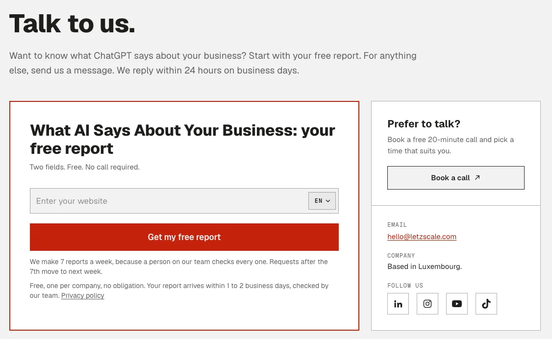 Letzscale contact page: the free report form, a Book a call link, the email address hello@letzscale.com as text, Based in Luxembourg, and links to social profiles.